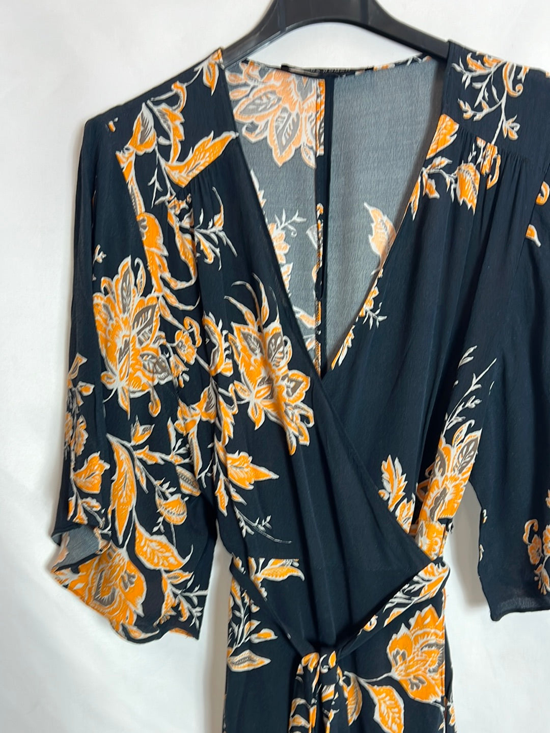 ZARA. Black printed wrap midi dress. XS