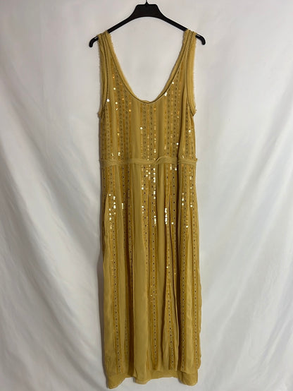 ZARA. Vestido gasa mostaza lentejuelas. T XS
