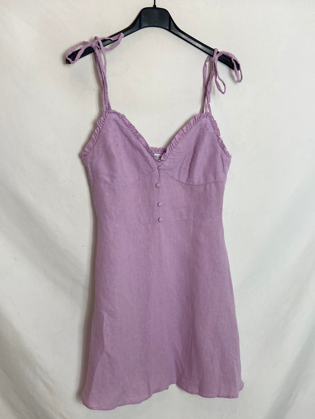 ZARA. Vestido corto lila lino. T.S
