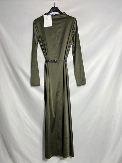 ZARA. Vestido midi  verde caqui T.s