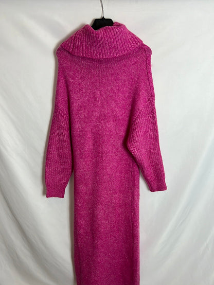 ZARA. Vestido midi punto cuello vuelto fucsia. T.s