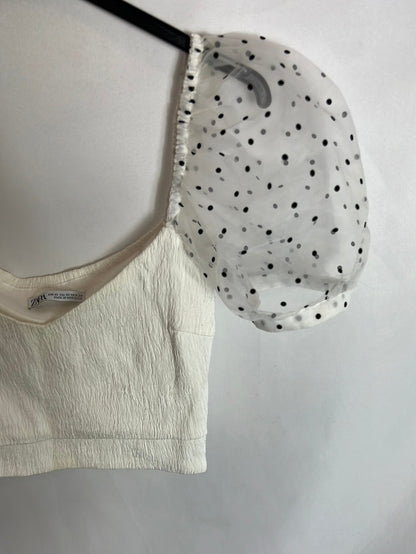 ZARA. Top blanco manga tull T.xs
