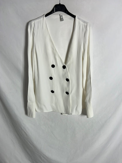 ZARA. Blusa blanca satinada doble botonadura. T S