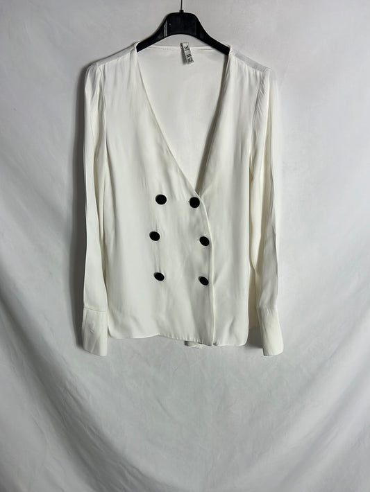 ZARA. Blusa blanca satinada doble botonadura. T S