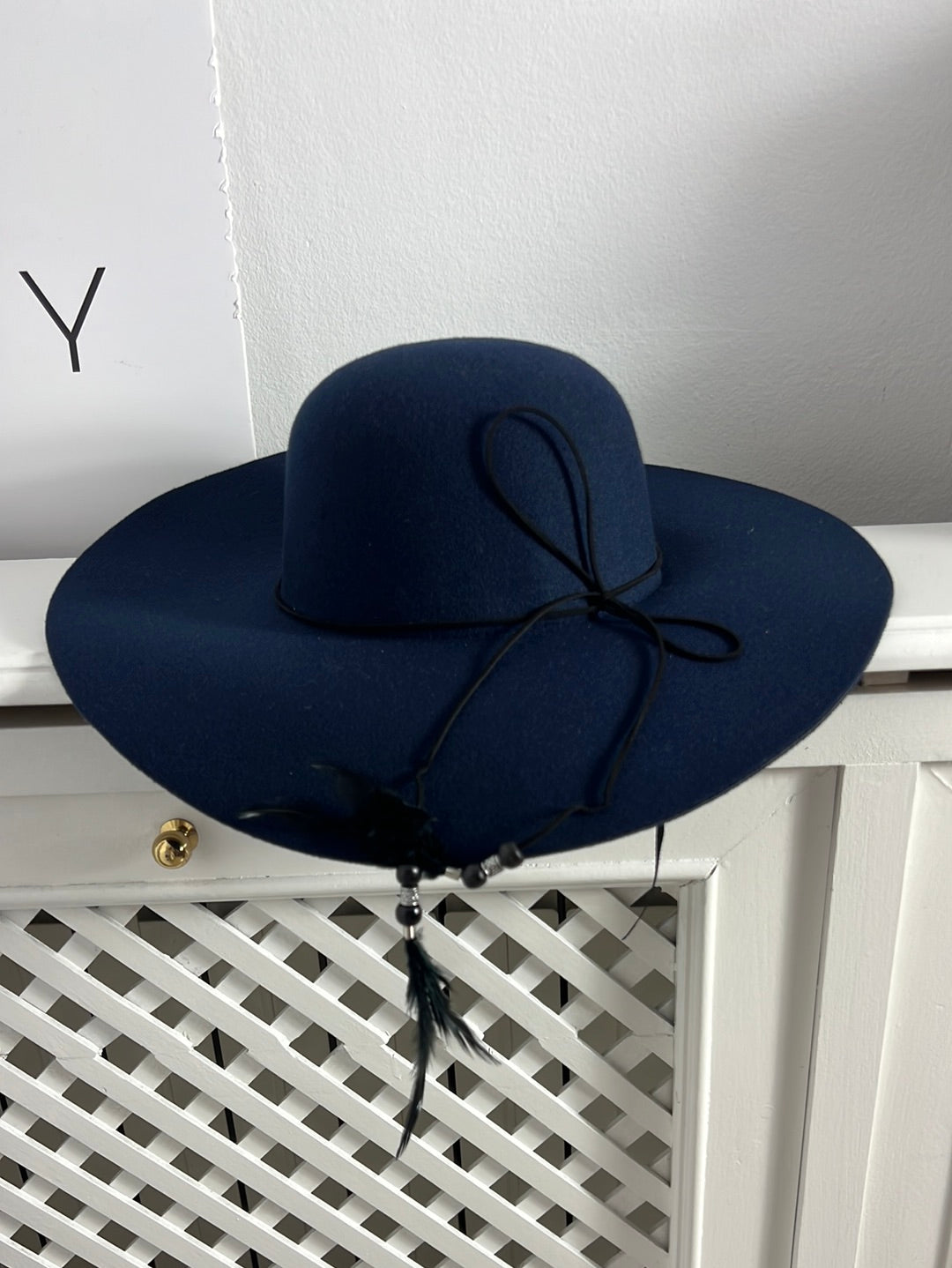 OTHERS. Blue hat with feather detail. T 57