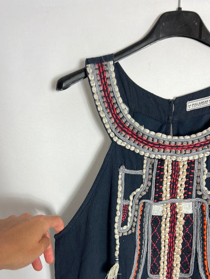 PULL&BEAR. Vestido azul bordados. T M