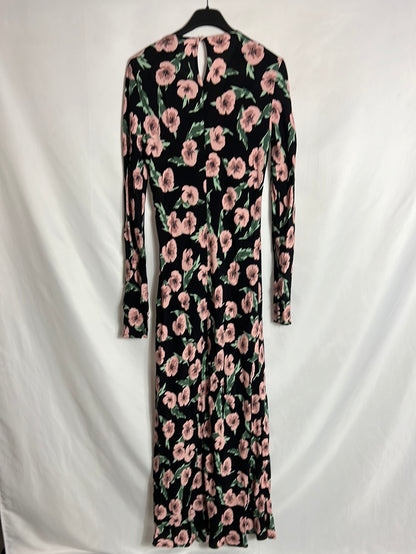 ZARA. Vestido largo negro estampado flores. T S
