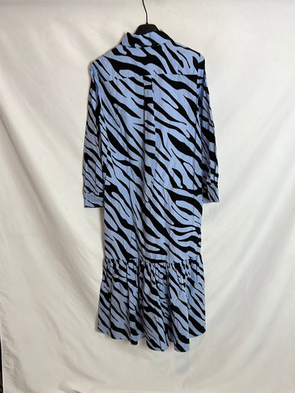 ZARA. Vestido midi camisero azul y negro. T XS