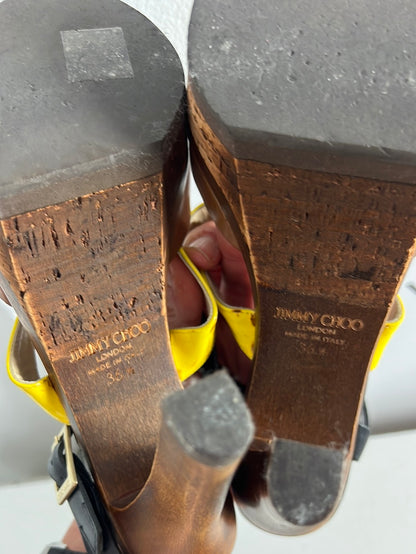 JIMMY CHOO. Sandalias plataforma tricolor texturas. T 36,5