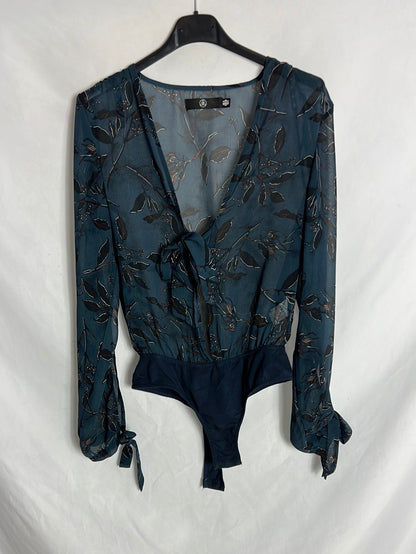 OTHERS. Blue printed bodysuit with bow neckline. TS