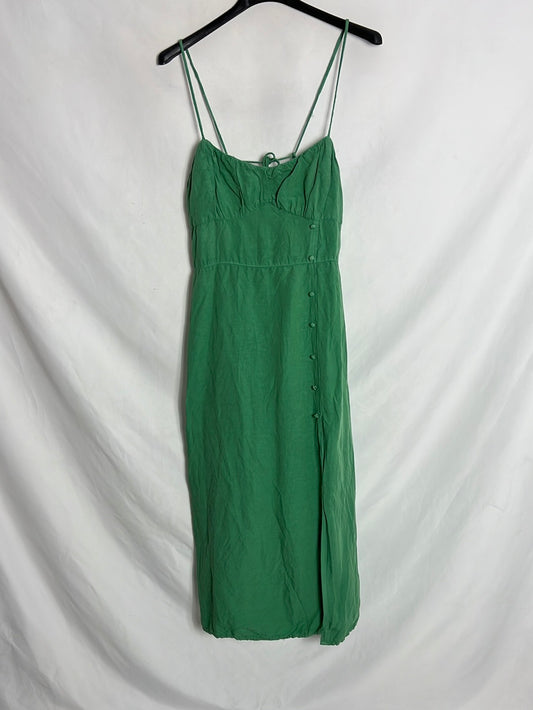 ZARA. Vestido verde midi efecto lino. T M