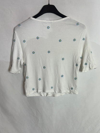 STRADIVARIUS. Top blanco canalé flores T.s