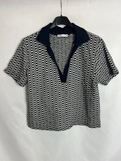 ZARA. Top textura estilo polo azul y blanco. T M