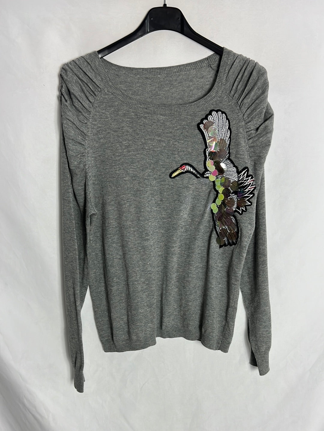 OTRAS. Jersey gris manga abullonada pájaro. T M