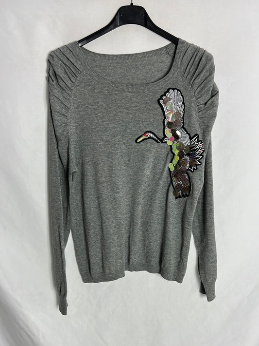 OTRAS. Jersey gris manga abullonada pájaro. T M