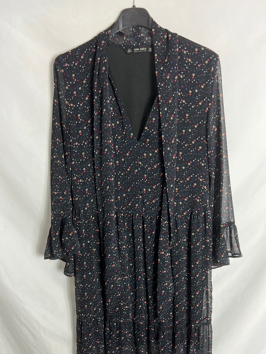 ZARA. Vestido largo gasa flores mini. T S