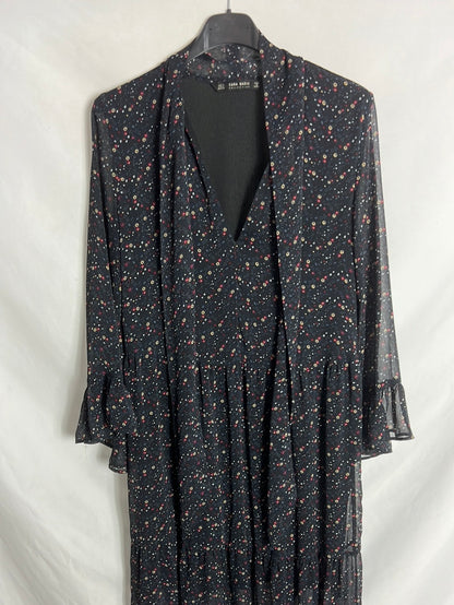 ZARA. Vestido largo gasa flores mini. T S