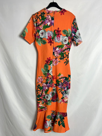 ASOS. Vestido midi naranja estampado ajustado. T 38