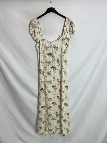 OTRAS. Vestido midi efecto lino estampado. T M