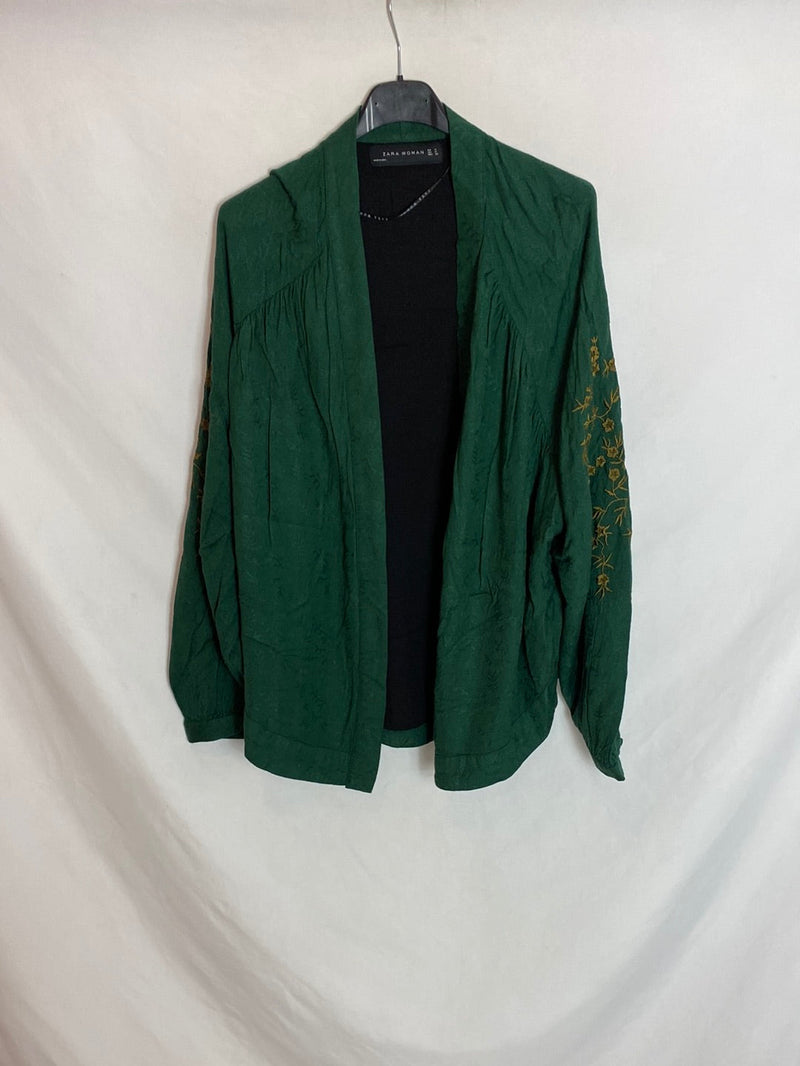 ZARA. Kimono verde bordado T.m