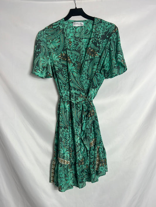 IBIZALIBI. Short green printed wrap dress. TS/M