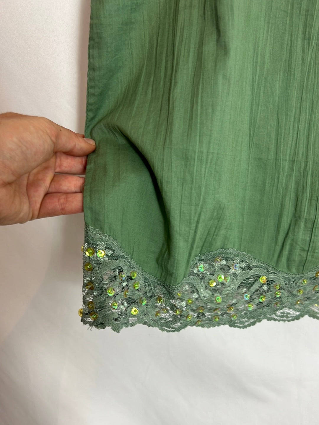 TANNA. Green lace and rhinestone top. Size 40