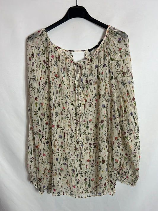 ZARA Flowy semi-sheer beige floral blouse. Size XL