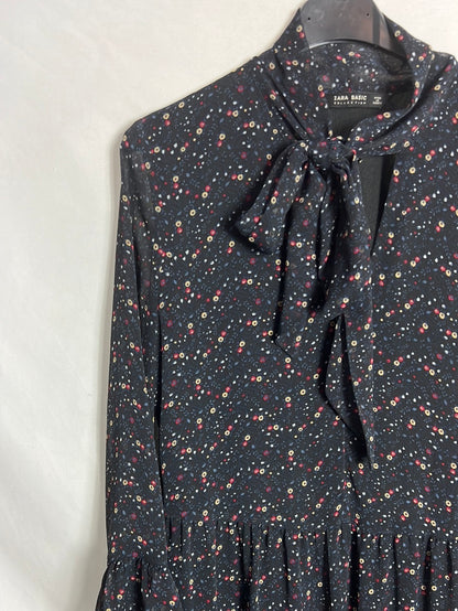 ZARA. Vestido largo gasa flores mini. T S