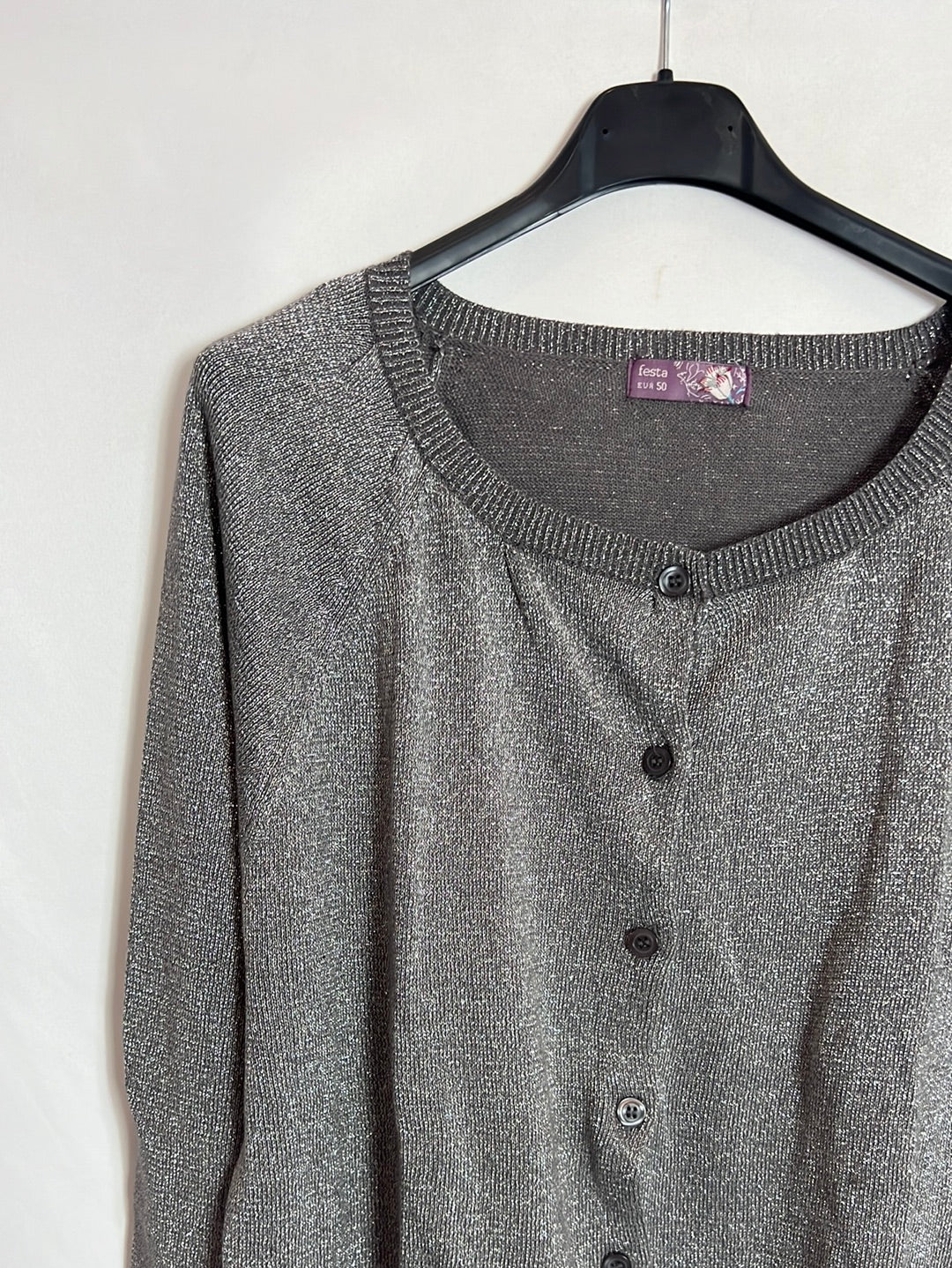 FESTA. Gray cardigan with silver threads. Size 50