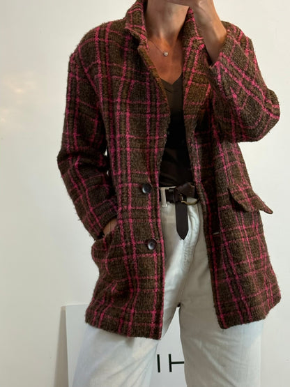 ZARA. Abrigo marrón cuadros en rosa