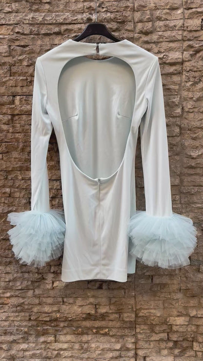 ZARA. Light blue fitted dress with tulle sleeves. XS