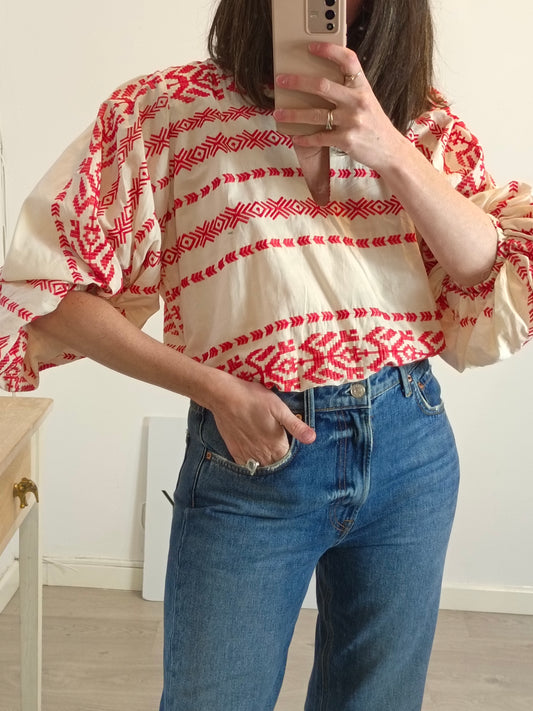 PADOVA. Red embroidered puff-sleeve top. XS