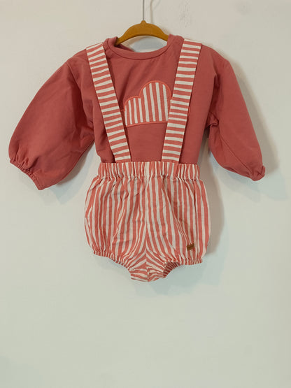 COCOTE. White and orange striped romper and sweatshirt, size 12 months