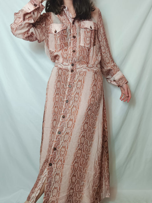 MASSIMO DUTTI. Vestido midi animal print rosa. T 40