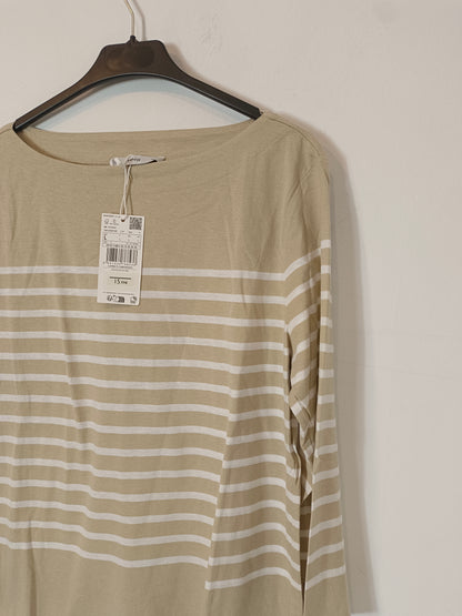 MANGO. Camiseta de rayas beige y blanca T.l