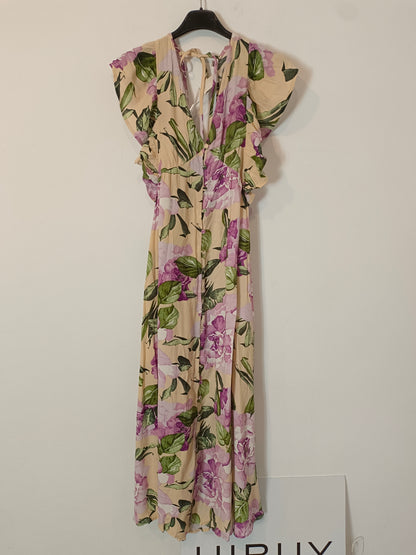 YAS. Long beige dress with purple flowers T.xs