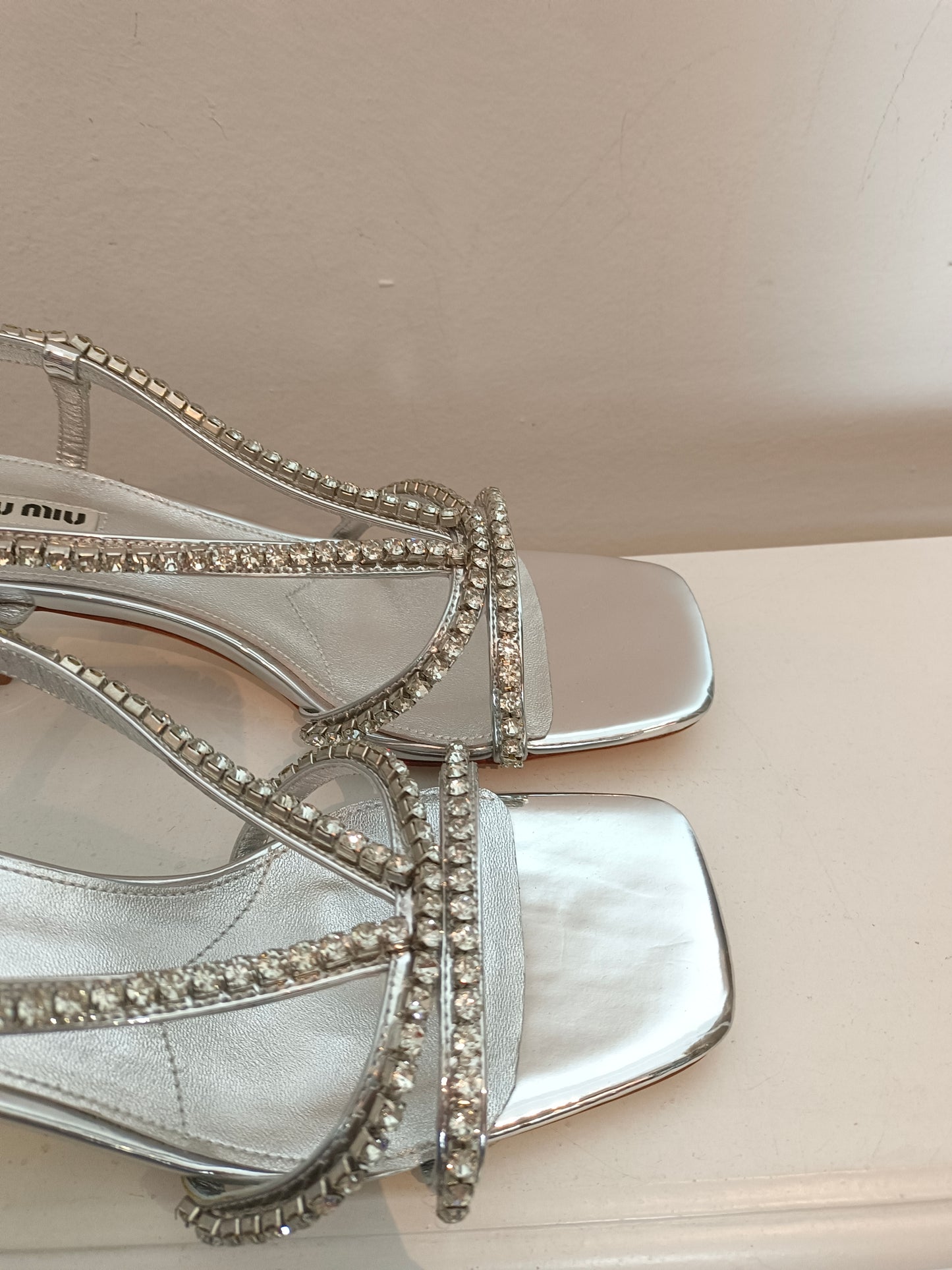 MIU MIU. Silver rhinestone sandals, size 38