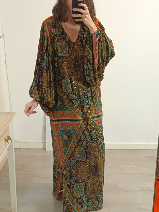 NÏN. Vestido largo estampado hilos brillo. T M/L