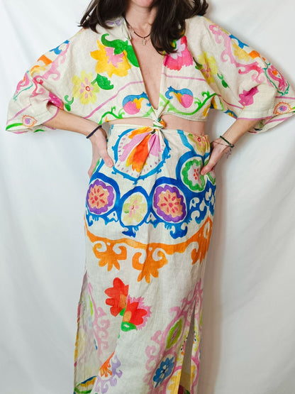 ZARA. Vestido lino aperturas estampando . T XS