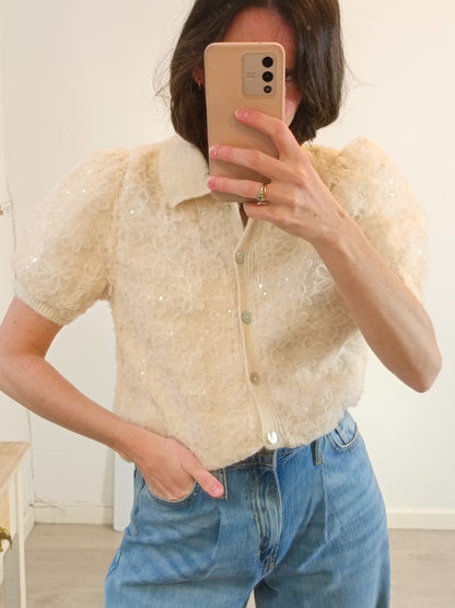 ZARA. top beige tull flores T.s