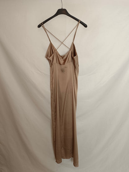 ZARA. Vestido largo marrón lencero T.xs