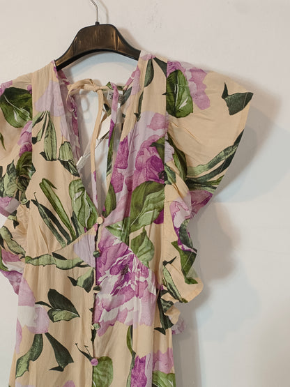 YAS. Long beige dress with purple flowers T.xs
