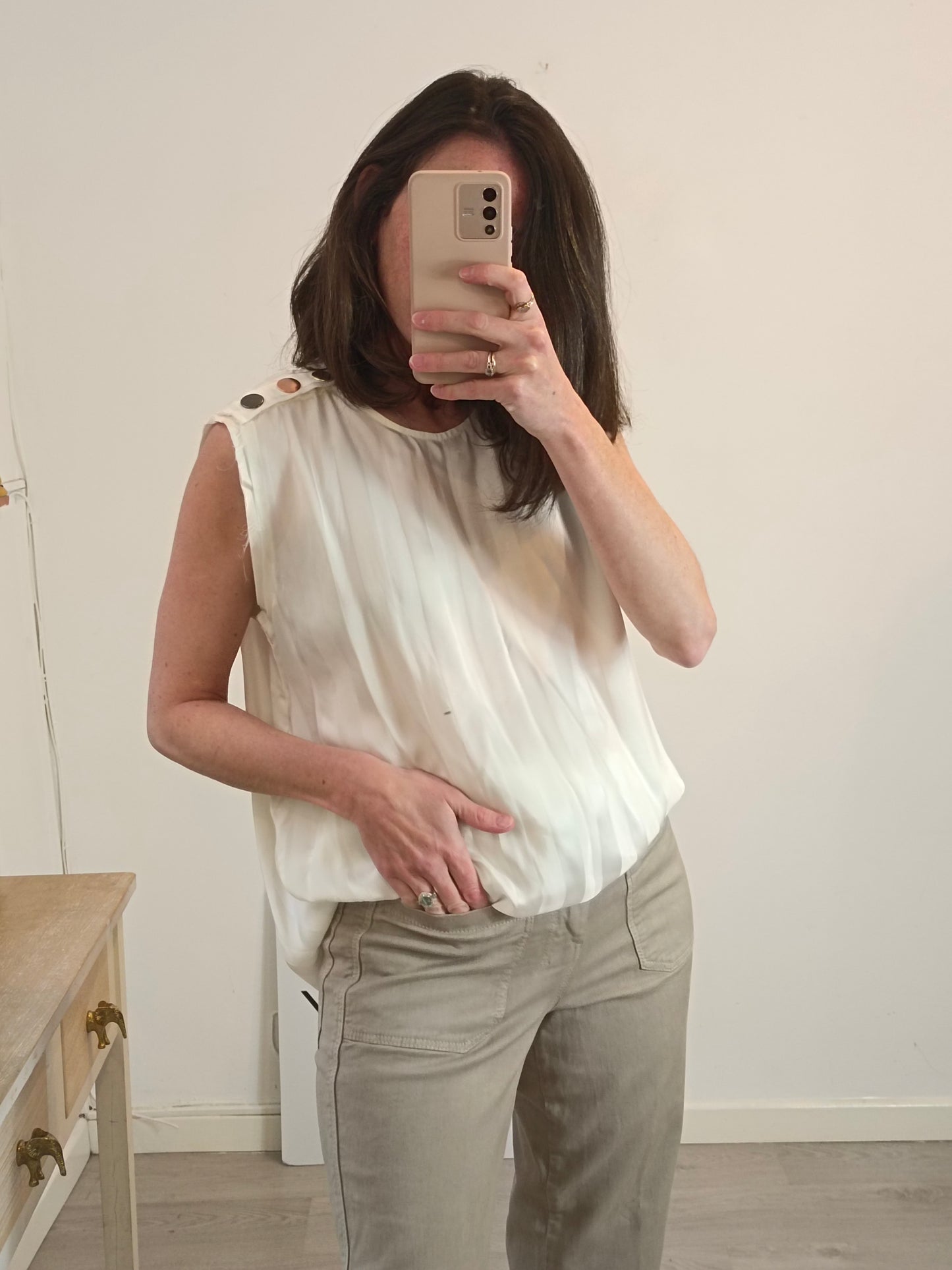 8 PM. Flowy top with striped back detail. TM/L