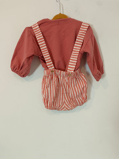 COCOTE. White and orange striped romper and sweatshirt, size 12 months