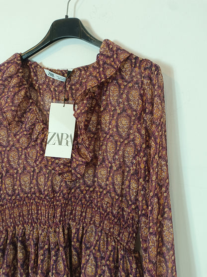 ZARA. vestido estampado burdeos hilos T.s