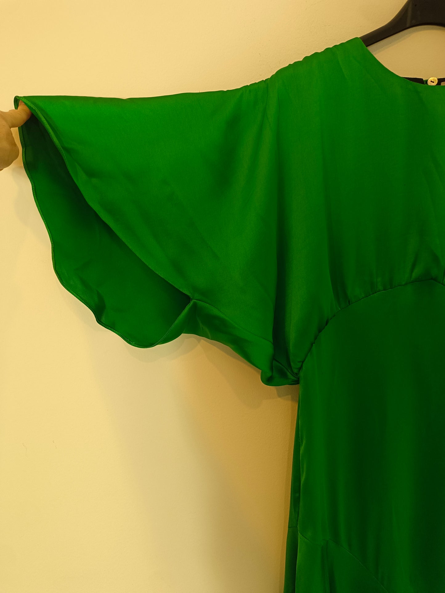 PEDRO DEL HIERRO. Long green satin dress, size 38