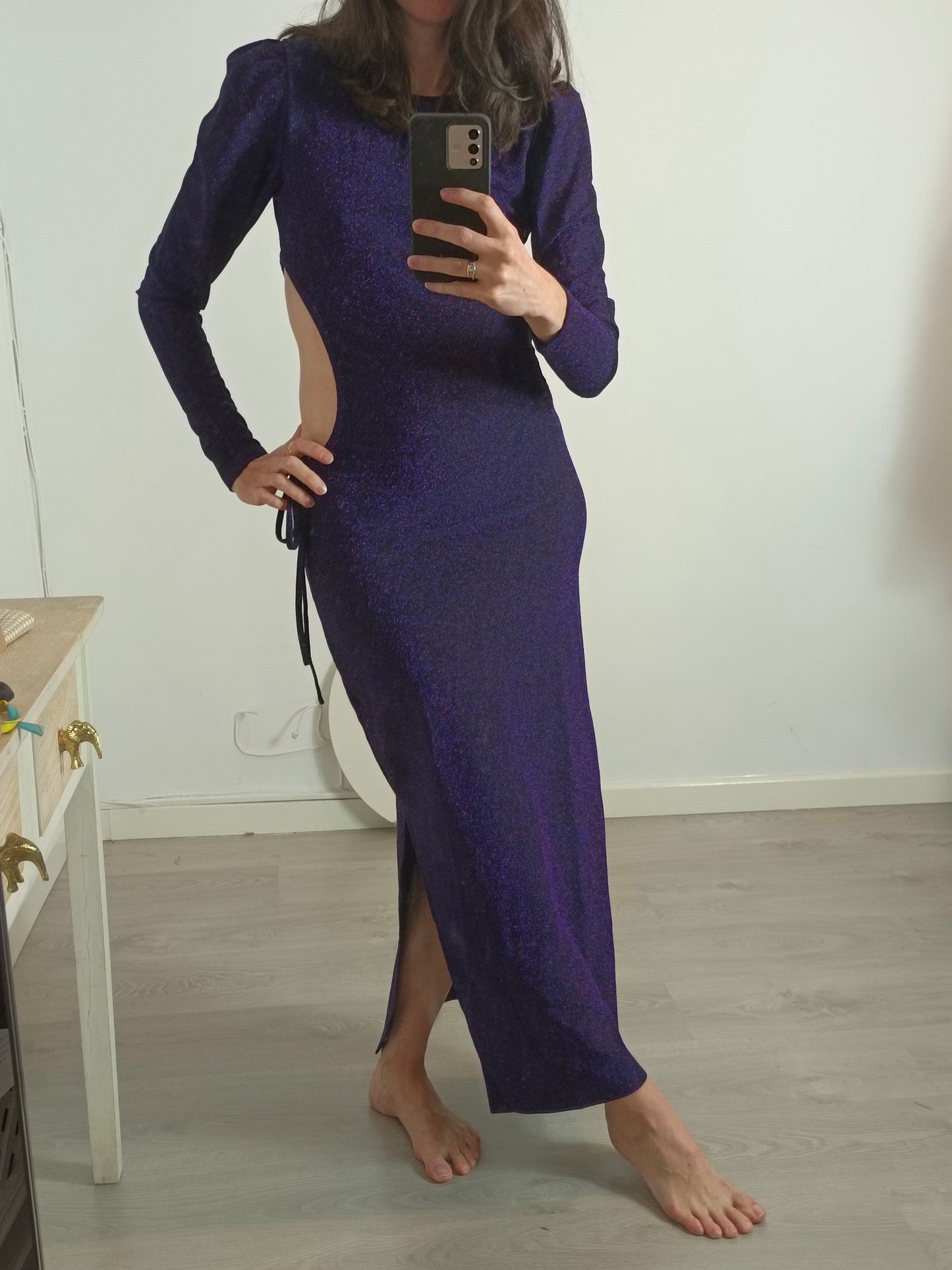 HIGH SPIRITS. Long purple dress with slits. TS