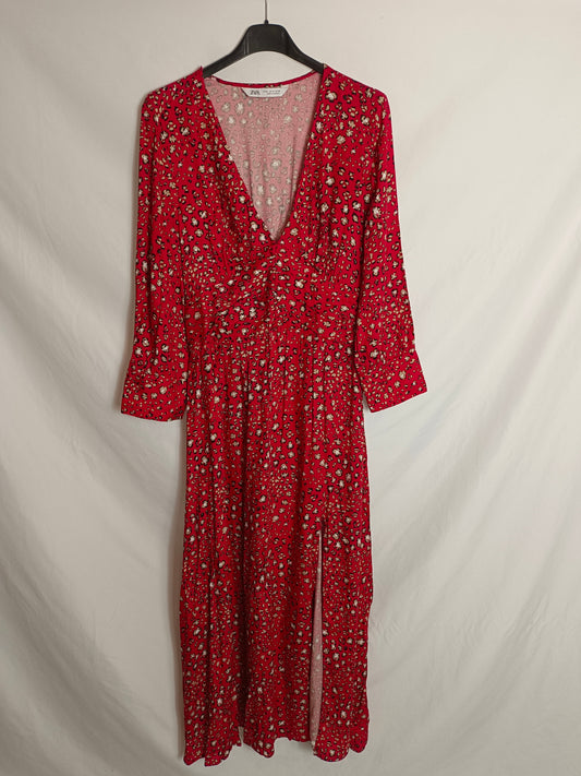 ZARA. Vestido midi rojo estampado print T.m