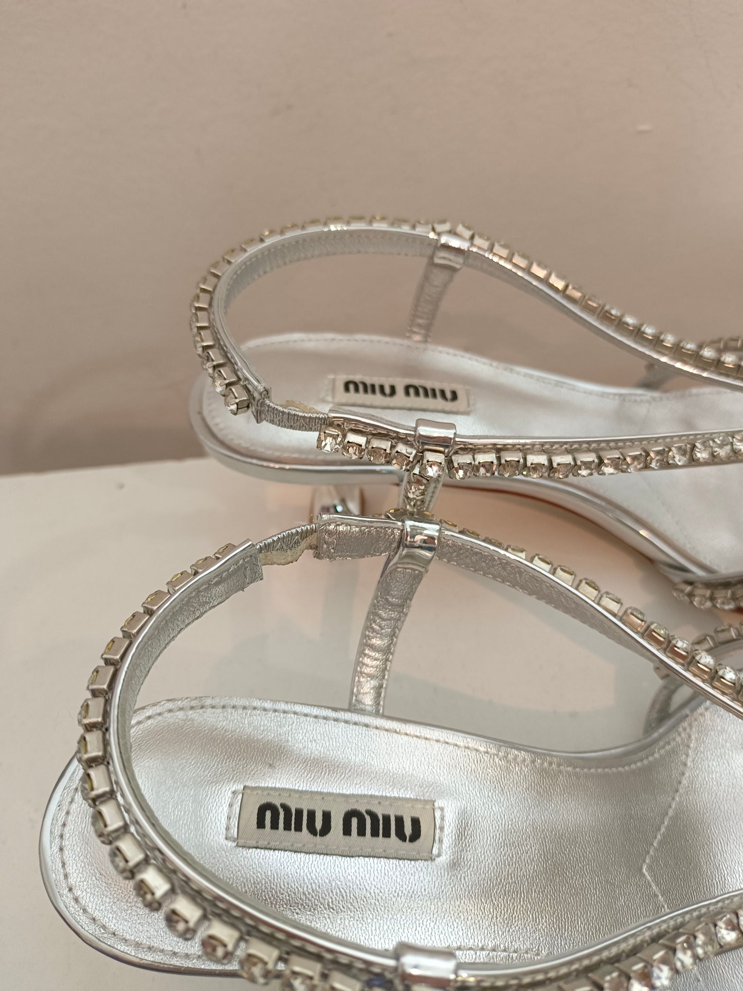 MIU MIU. Silver rhinestone sandals, size 38