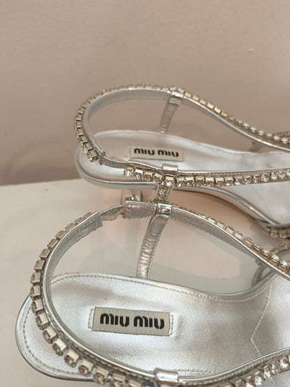 MIU MIU. Silver rhinestone sandals, size 38